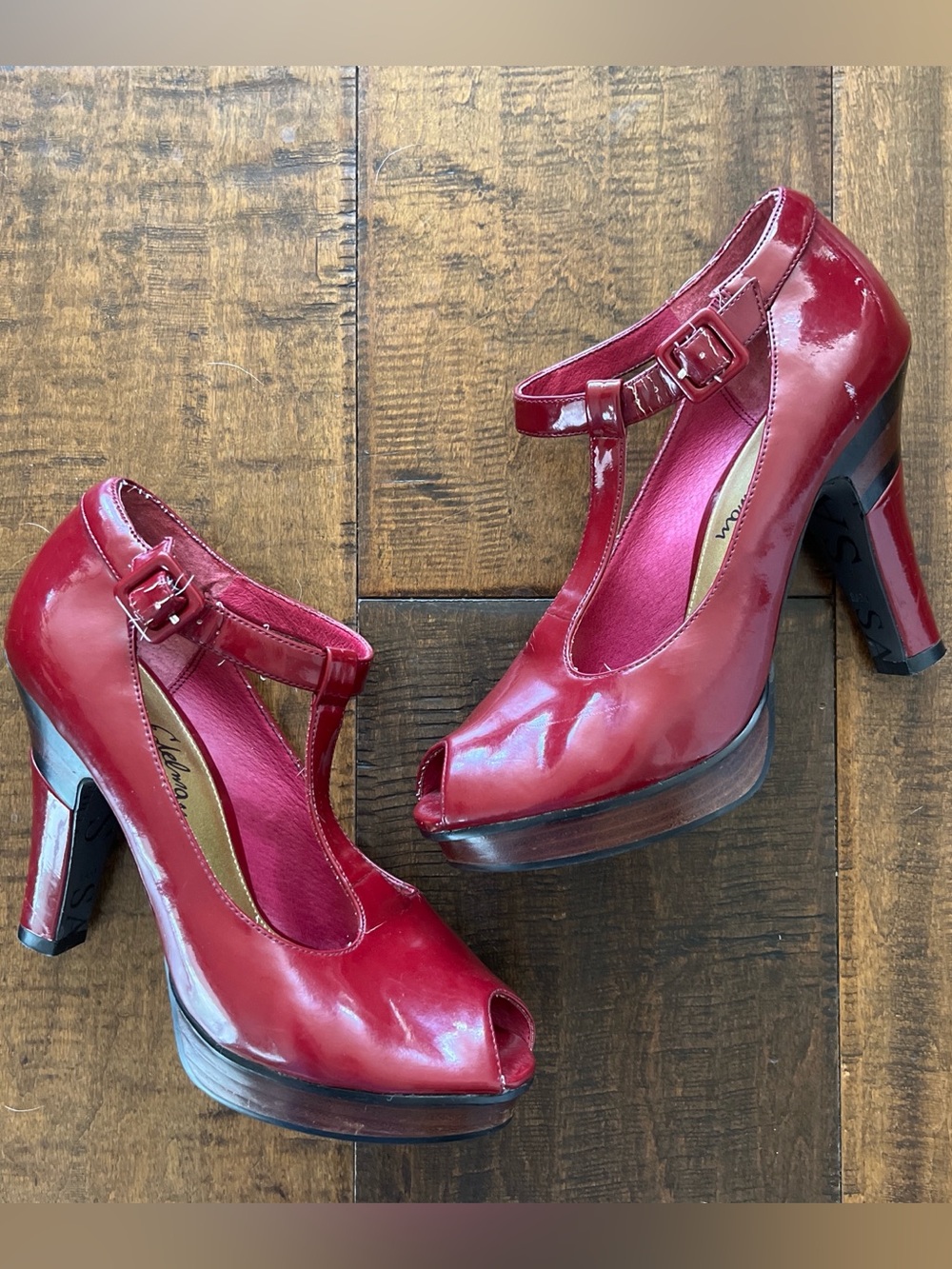 Sam Edelman burgundy patent leather peep toe T-strap Mary Jane pumps sz 8.5